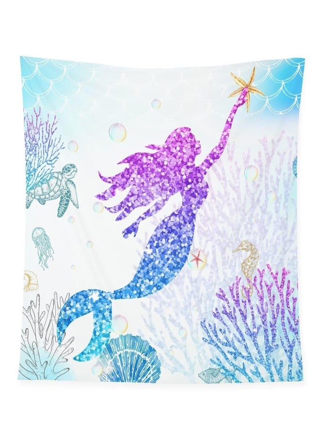 AAVEUP Mermaid Tapestry Blue Watercolor Simple Underwater Glitter Coral Starfish Seahorse Sea Turtle Mermaid Princess Tapestries for Nursery Boys Girls Bedroom Dorm Living Room Decor 30x40in - Image 3